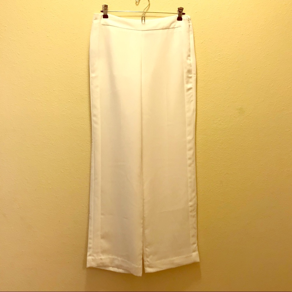 Flowy White Wide Leg Pants with Tuxedo Stripes